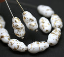 16x9mm White Czech glass oval barrel beads, 10Pc