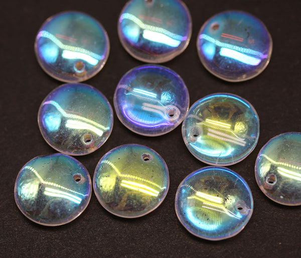 12mm Crystal clear lentil czech glass beads, AB finish top drilled rondelles - 10pc