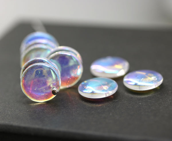 12mm Crystal clear lentil czech glass beads, AB finish top drilled rondelles - 10pc