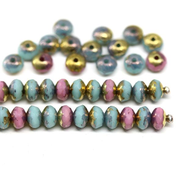 3x5mm Turquoise blue pink rondelle fire polished Czech glass beads mix, 40pc