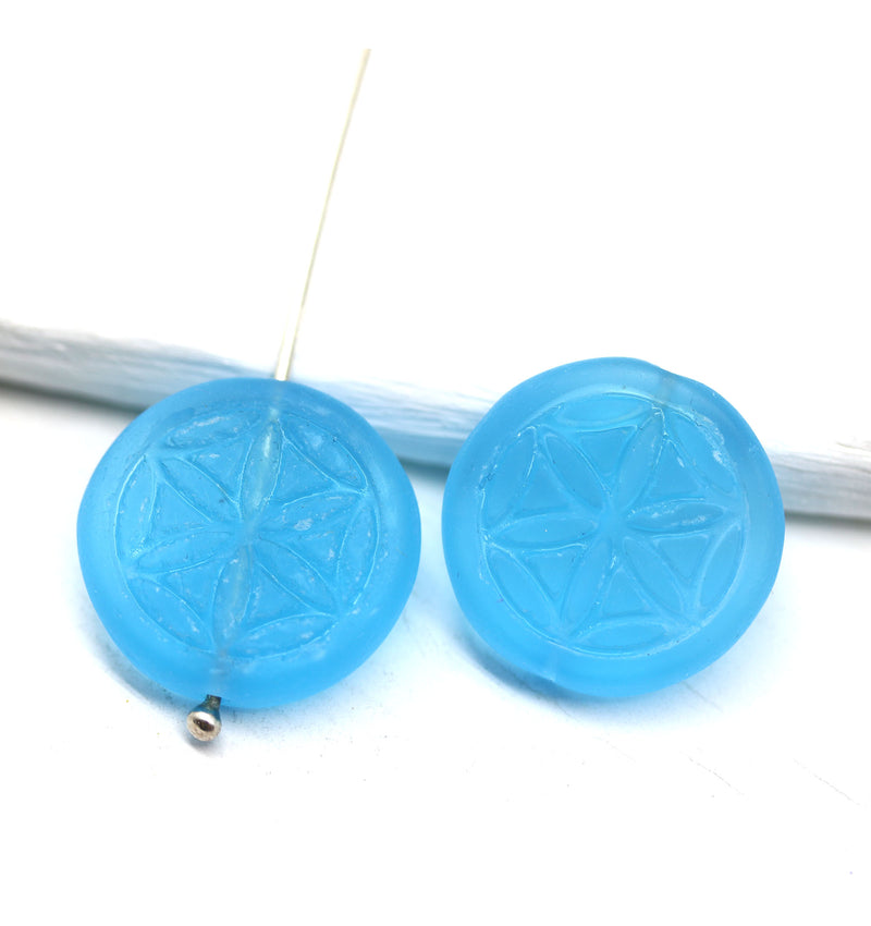 9mm Frosted blue coin czech glass beads pair tablet shape 2pc