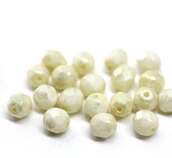 6mm White golden wash fire polished round czech glass beads, 20Pc