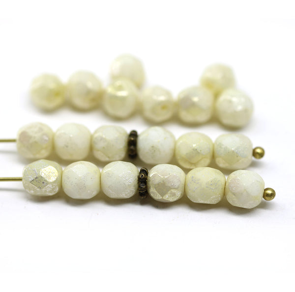 6mm White golden wash fire polished round czech glass beads, 20Pc