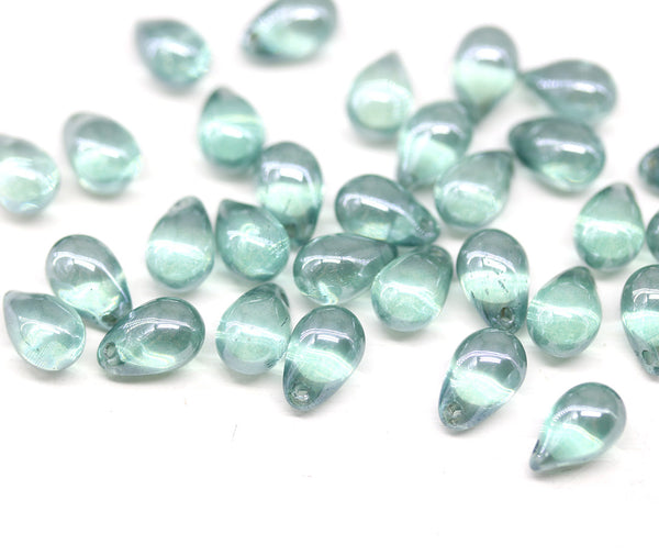 6x9mm Blue green czech glass teardrop beads 30pc