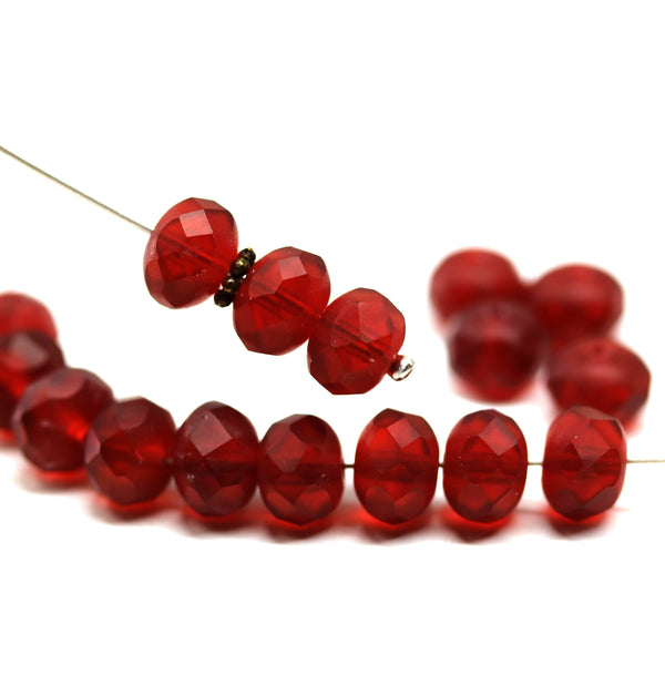 6x8mm Frosted red Czech glass fire polished rondelle beads - 8Pc