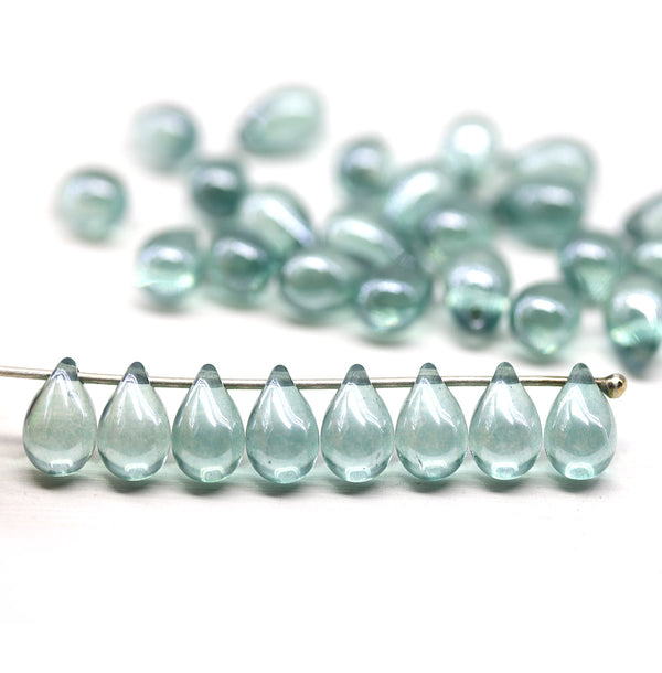 6x9mm Blue green czech glass teardrop beads 30pc