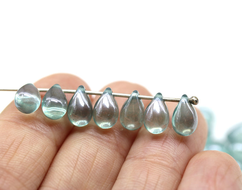 6x9mm Blue green czech glass teardrop beads 30pc