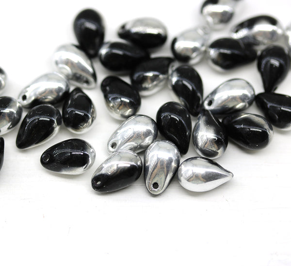 6x9mm Black silver czech glass top drilled teardrops 30pc
