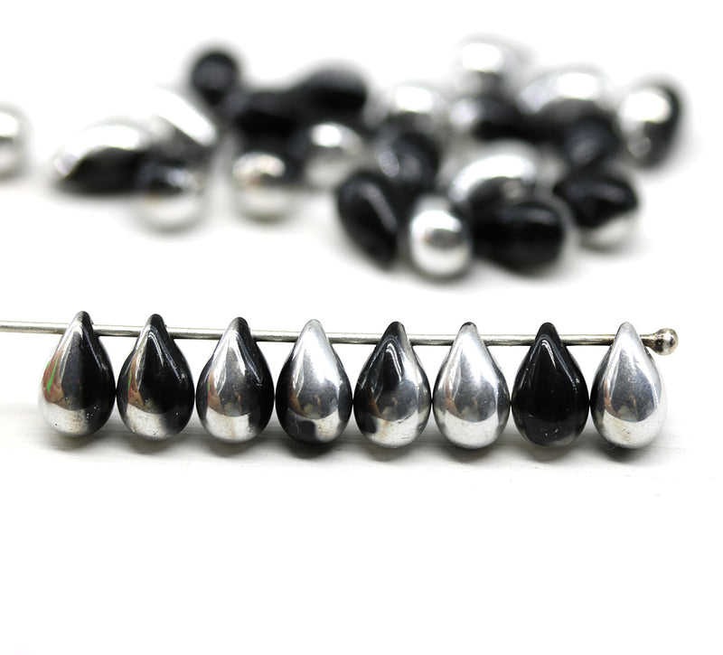 6x9mm Black silver czech glass top drilled teardrops 30pc
