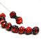 9mm Black red baroque Czech glass pressed barrel beads, 10pc