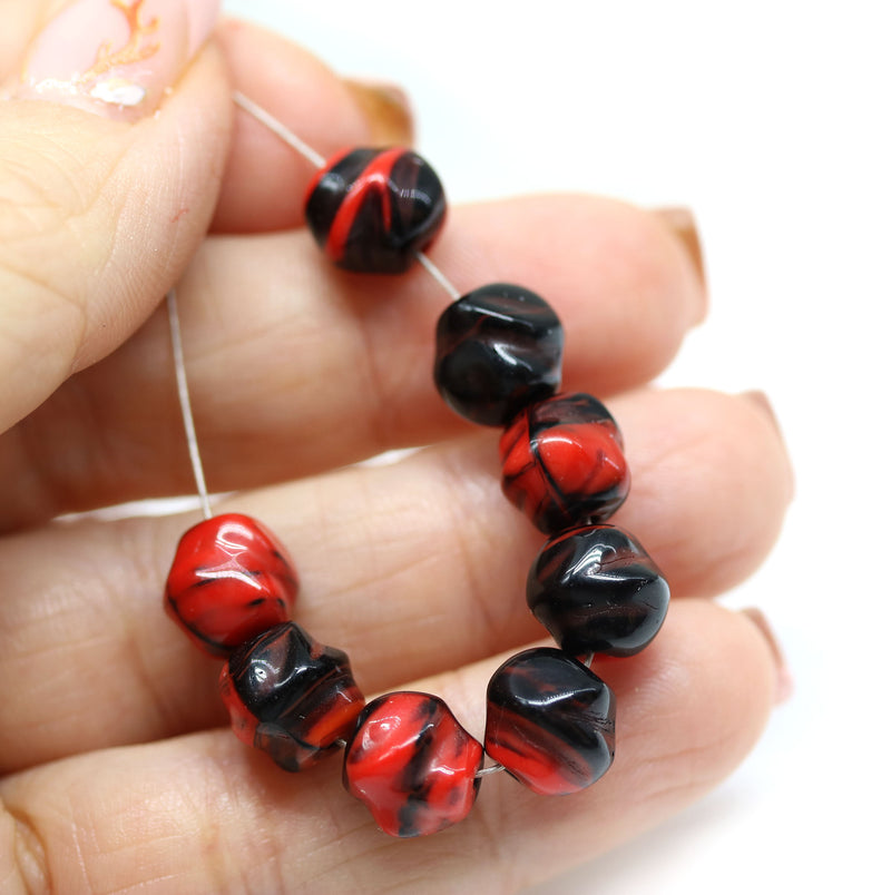 9mm Black red baroque Czech glass pressed barrel beads, 10pc