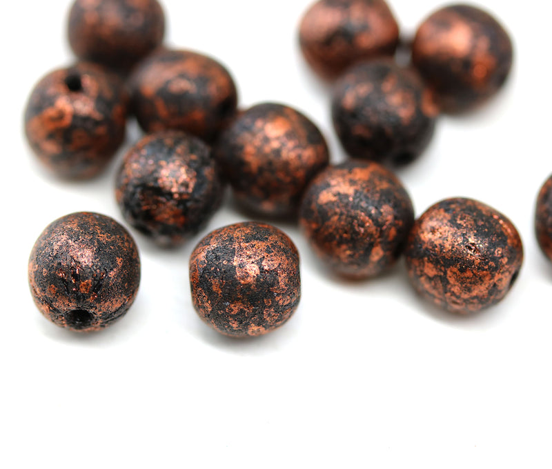 8mm Black with copper rustic finish round czech glass druk beads, 15Pc