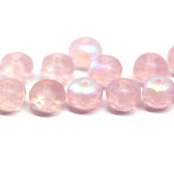 6x8mm Frosted pink fire polished gemstone cut rondelle beads AB finish - 12pc