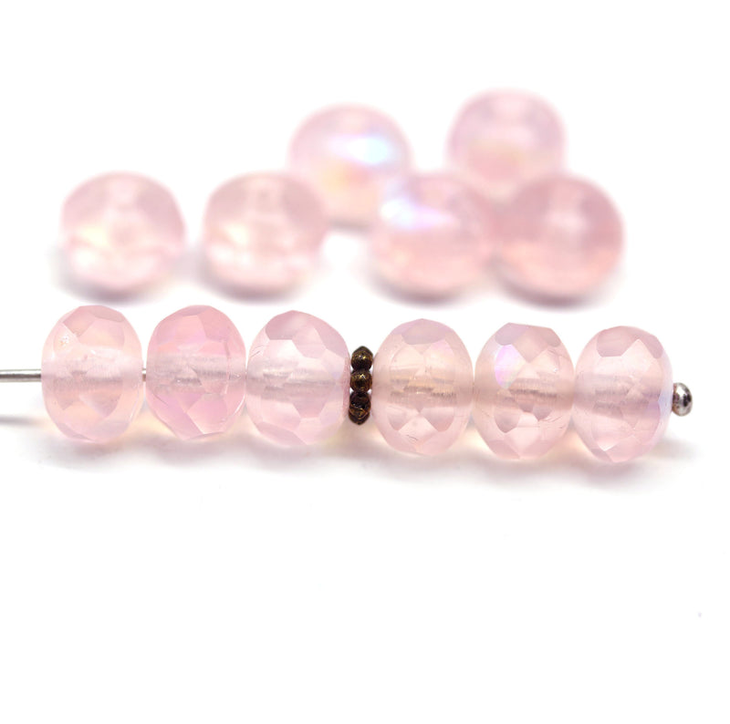 6x8mm Frosted pink fire polished gemstone cut rondelle beads AB finish - 12pc