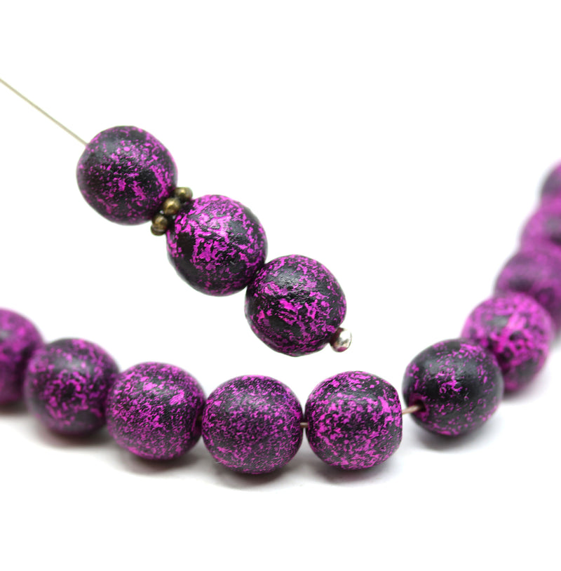 8mm Black with bright pink rustic finish round czech glass druk beads, 15Pc