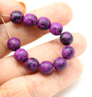 8mm Black with bright pink rustic finish round czech glass druk beads, 15Pc