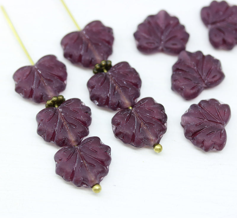 11x13mm Frosted purple czech glass maple leaf beads, 10pc