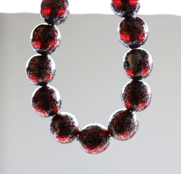 8mm Dark red with silver finish round czech glass druk beads, 15Pc