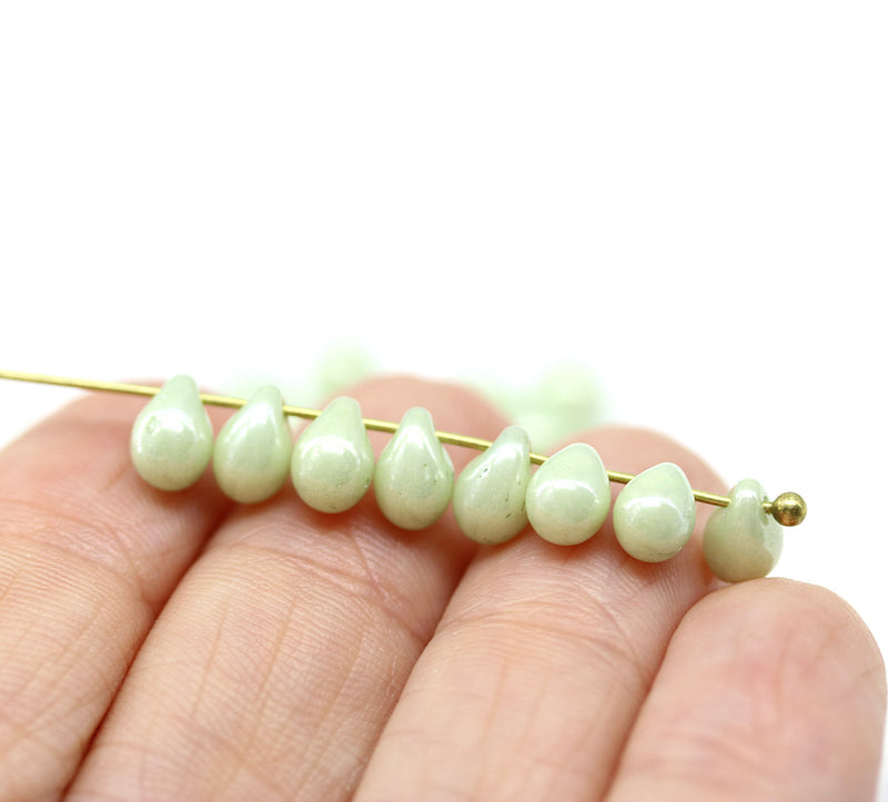 5x7mm Sage green czech teardrop beads 40pc