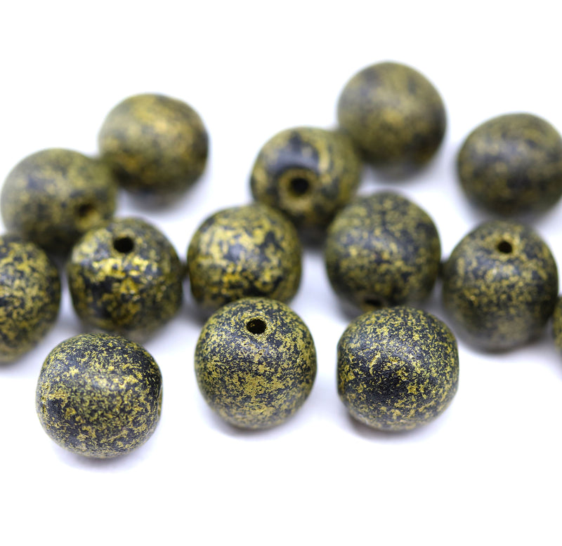 8mm Black with old gold rustic finish round czech glass druk beads, 15Pc