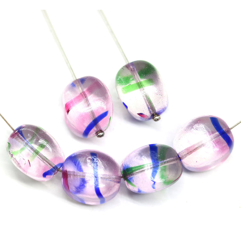 15mm Large pink cube Czech glass beads, blue green stripes, 4pc