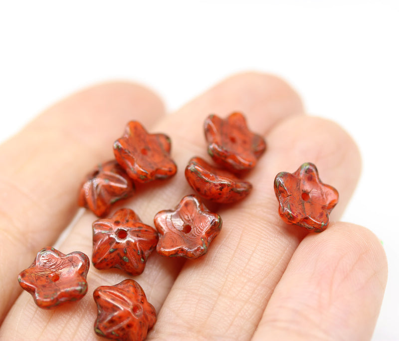 10mm Dark orange picasso czech glass flower caps, 10Pc