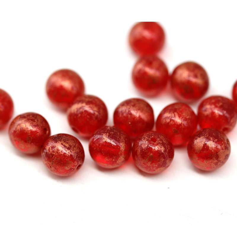 8mm Light red with copper finish round czech glass druk beads, 15Pc