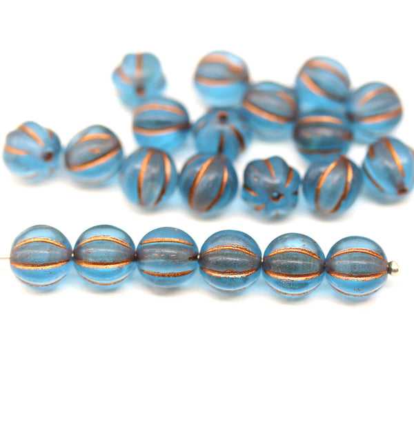 8mm Frosted blue czech glass round beads, Melon shape, 20pc