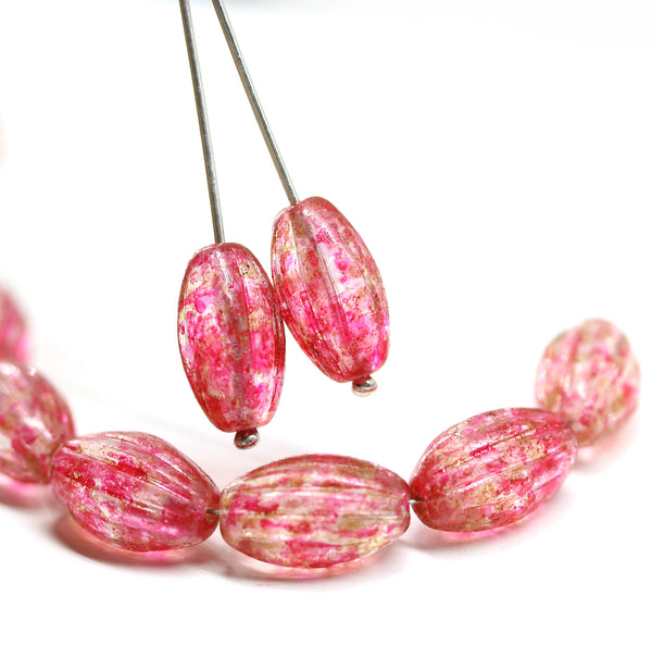 14x8mm Pink on clear oval Large czech glass barrel beads, 8Pc
