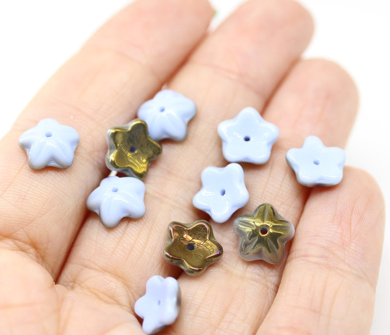 10mm Blue with luster czech glass flower caps, 10Pc