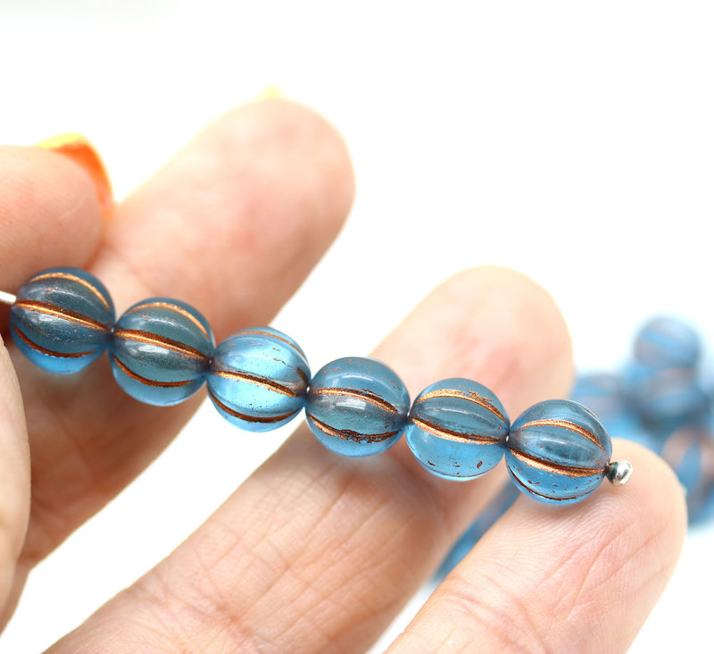 8mm Frosted blue czech glass round beads, Melon shape, 20pc