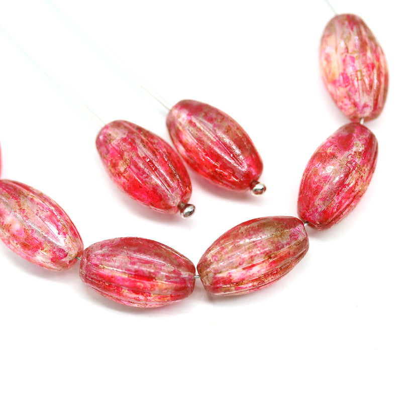 14x8mm Pink on clear oval Large czech glass barrel beads, 8Pc