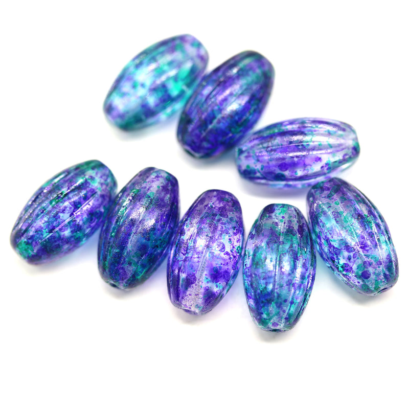 14x8mm Green purple on clear oval Large czech glass barrel beads, 8Pc