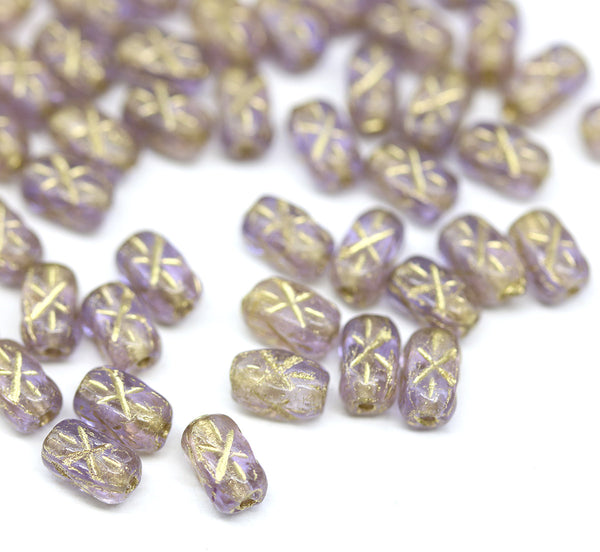 6x4mm Light purple gold ornament czech glass rice beads 50pc
