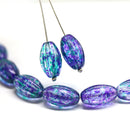 14x8mm Green purple on clear oval Large czech glass barrel beads, 8Pc