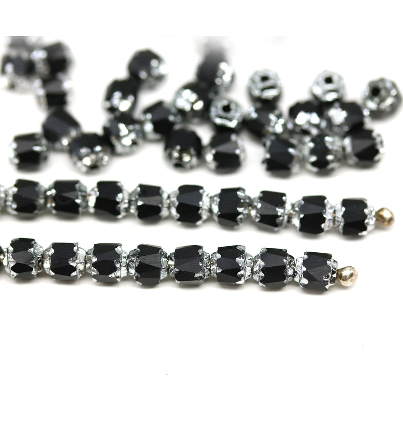 4mm Black glass cathedral czech glass beads, silver ends 50Pc