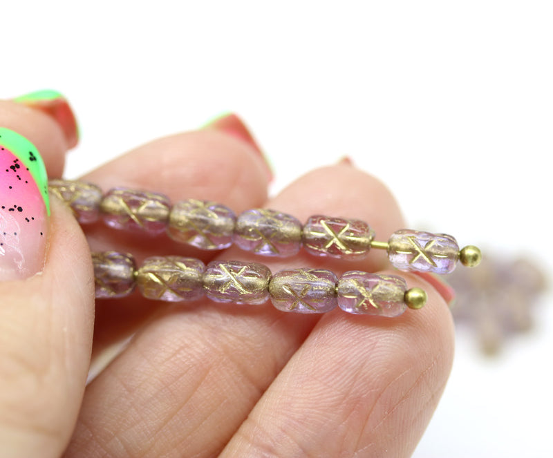 6x4mm Light purple gold ornament czech glass rice beads 50pc
