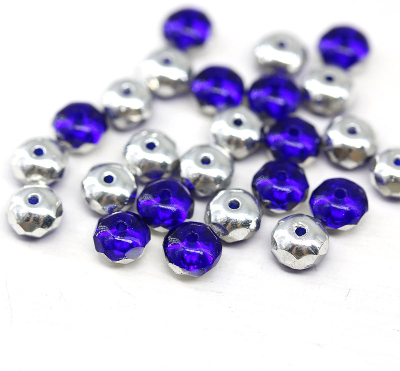 4x7mm Dark blue silver Czech glass rondelle beads 25pc