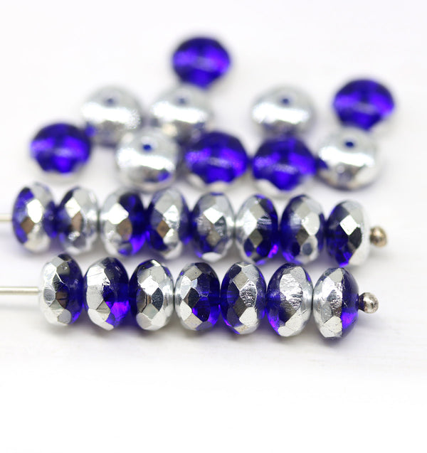 4x7mm Dark blue silver Czech glass rondelle beads 25pc