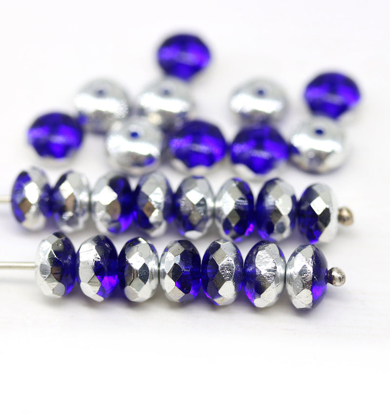 4x7mm Dark blue silver Czech glass rondelle beads 25pc