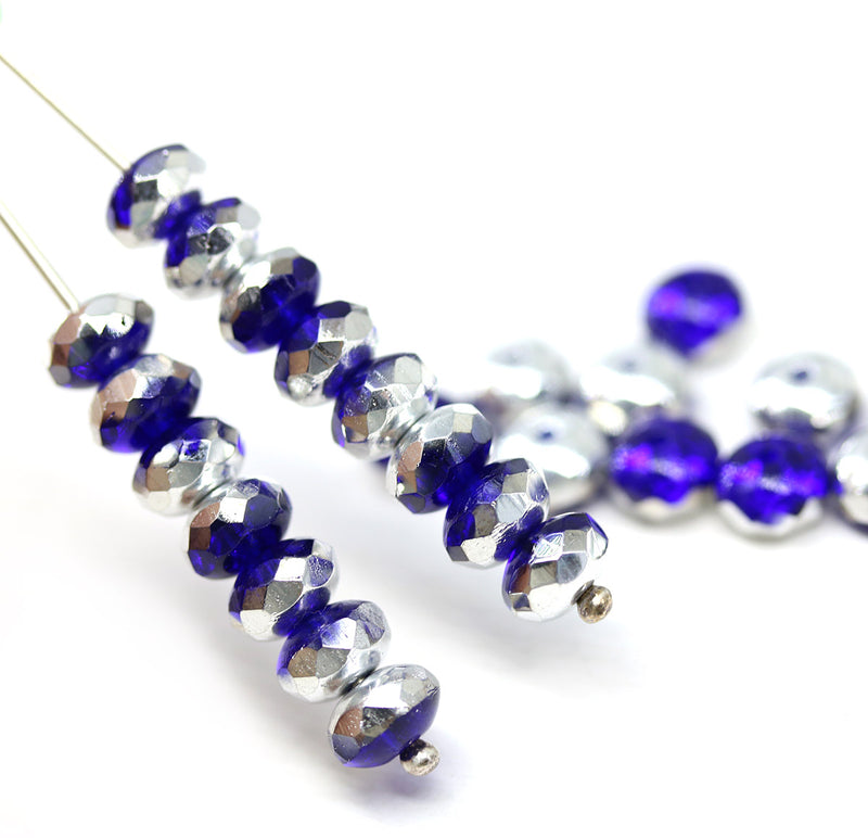 4x7mm Dark blue silver Czech glass rondelle beads 25pc