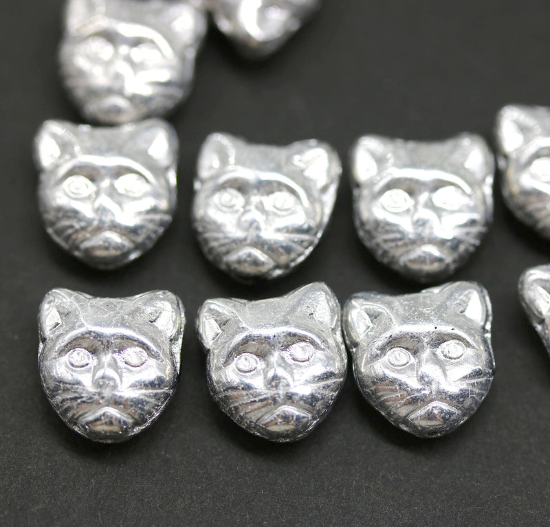 11mm Silver cat head beads Czech glass cat face - 10pc