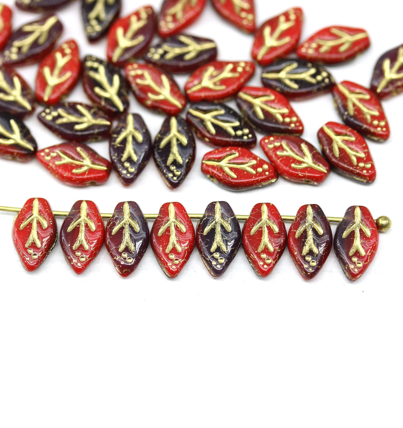 10x6mm Red leaf beads, Czech glass golden inlays - 40pc