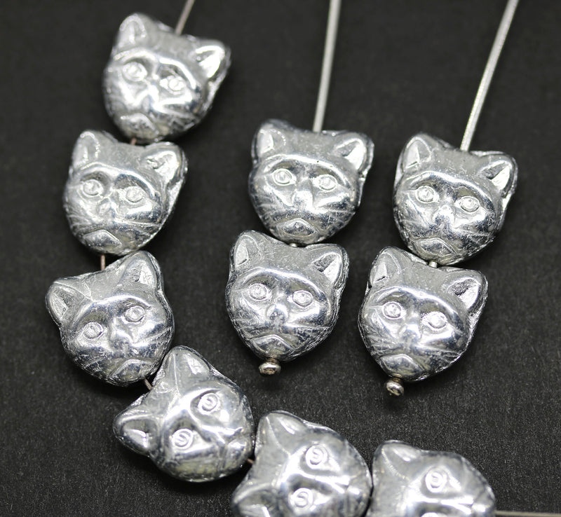 11mm Silver cat head beads Czech glass cat face - 10pc