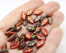 10x6mm Red leaf beads, Czech glass golden inlays - 40pc