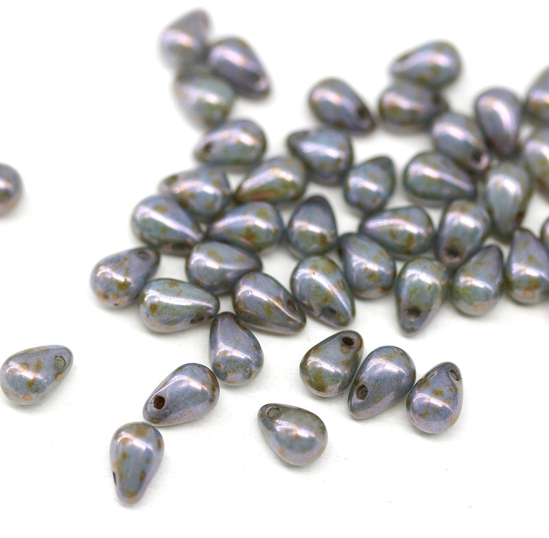 4x6mm Picasso gray purple czech glass teardrop beads 50pc