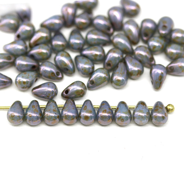 4x6mm Picasso gray purple czech glass teardrop beads 50pc