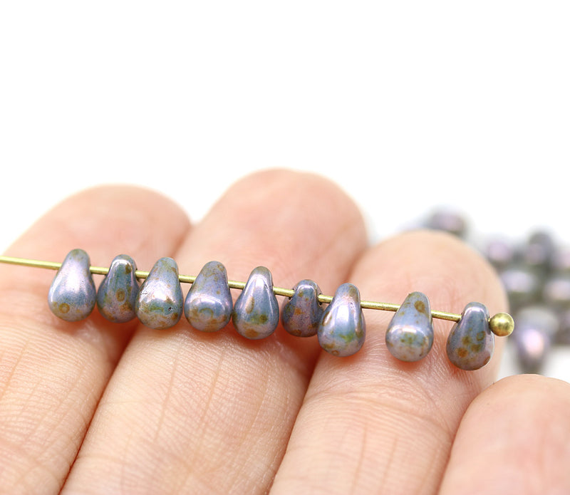5x7mm Picasso grey purple czech teardrop beads - 30pc