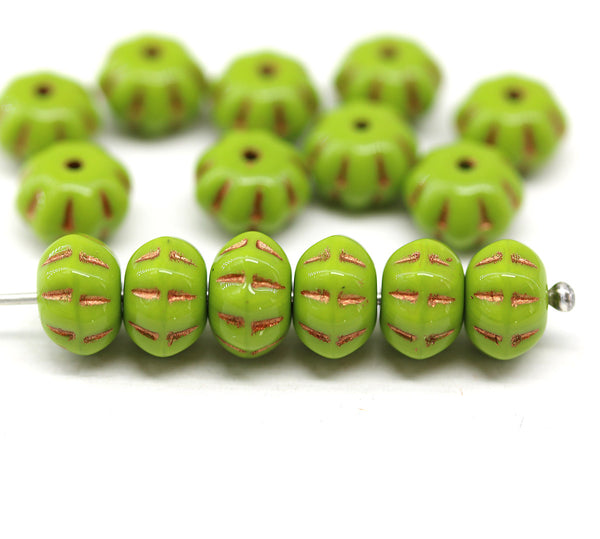 6x9mm Wasabi green copper inlays pumpkin rondelle Czech glass beads