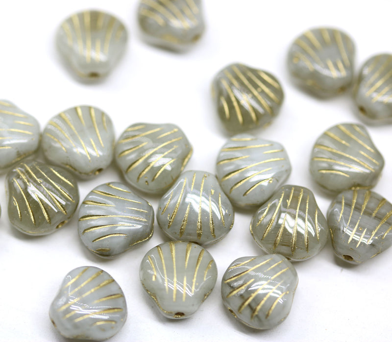 9mm Gray glass shell beads gold wash Czech beach seashell beads - 20Pc